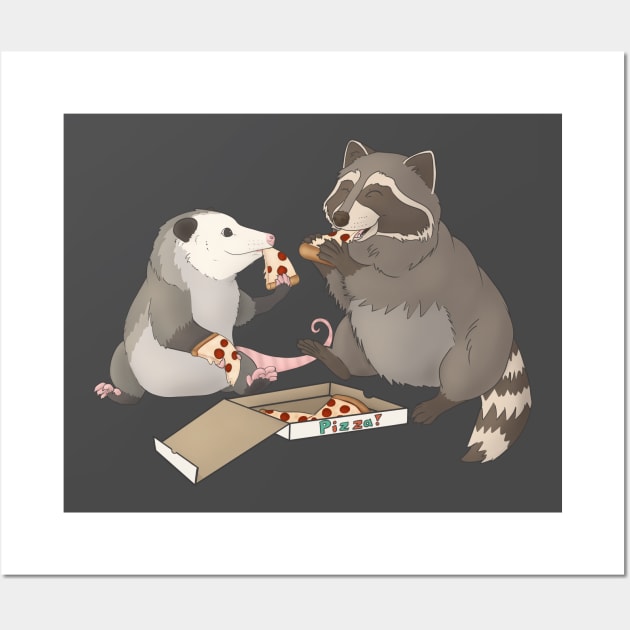 Possum and Raccoon eating pizza Wall Art by Mehu Art